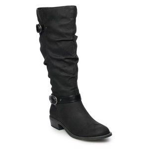 Women's Black Ruched Buckle Knee High Boots 9.5